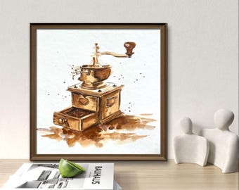 水彩コーヒーミルの絵画：レトロなキッチンの壁アート - Etsy 日本