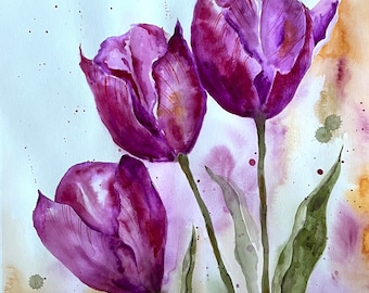 Pintura de acuarela de tulipanes: arte floral original para pared, 25 x 25 cm