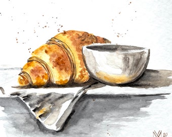 Croissant Watercolor Painting: Paris Cafe Art, Coffee Decor (10x10 cm)
