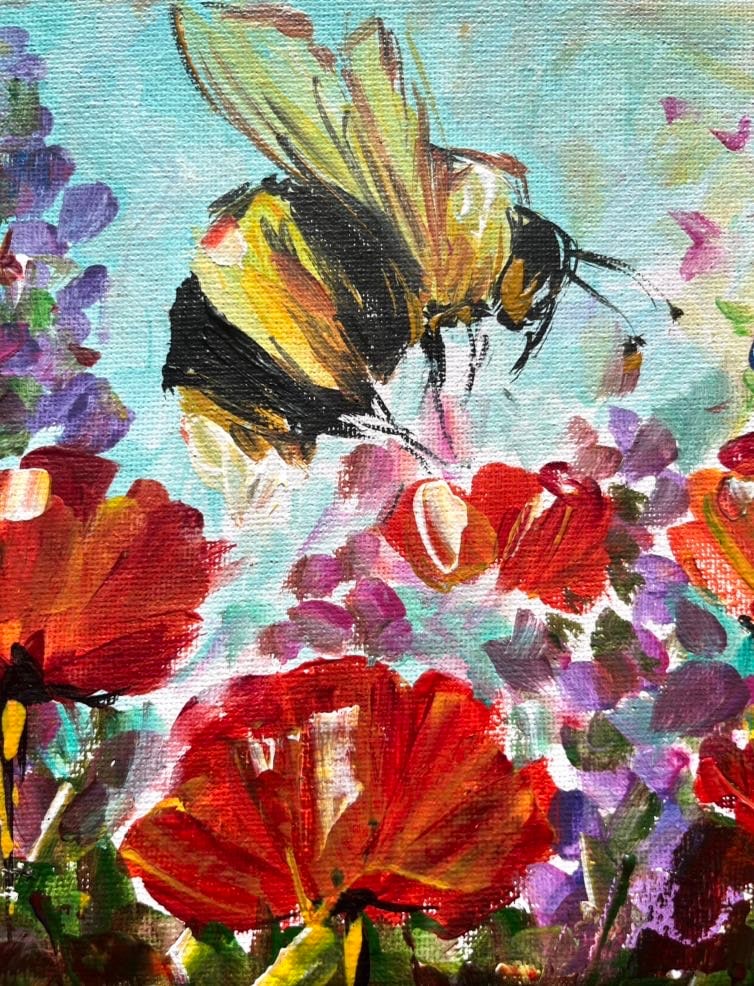 蜂と花の絵画：オリジナルアクリル印象派アート（20 x 25 cm） - Etsy 日本