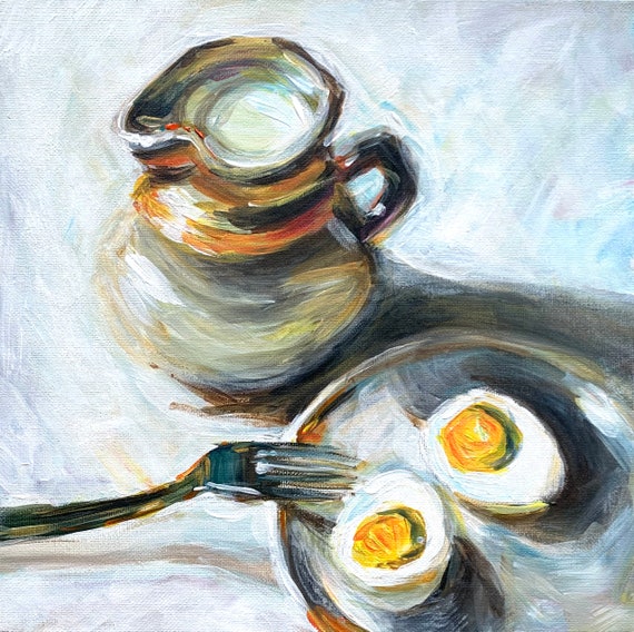 オリジナル油絵、朝食の静物画、素朴なキッチンアート（12 x 12インチ