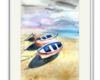 Pintura original de acuarela de un barco: arte náutico (30 x 39 cm)