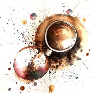 Galactic Coffee Cup Watercolor Painting: Original Coffee Lover&#39;s Art