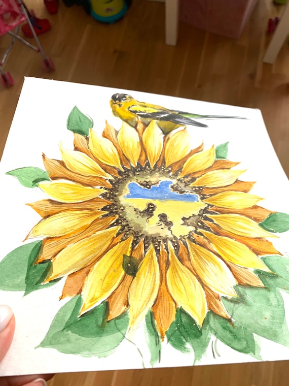 ウクライナの民芸品、ひまわりの鳥の水彩画（原画） - Etsy 日本
