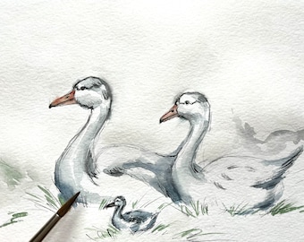 Gänse Familie Aquarell Bild: Handgemachte Bauernhaus Kinderzimmer Kunst