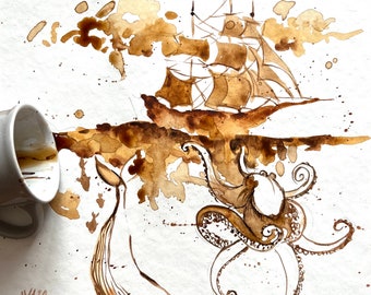 May include: A brown and white watercolor painting of a ship, an octopus, and a whale. The painting is made with coffee stains and ink.
