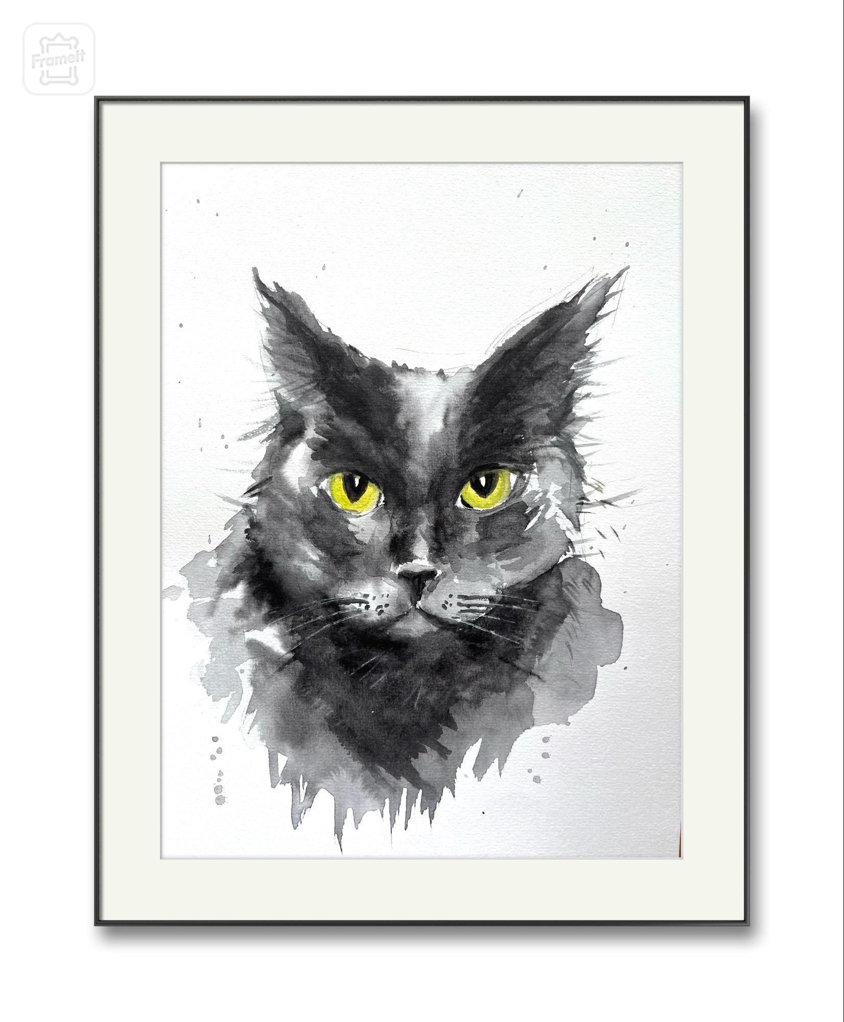 カスタム黒猫の肖像画：オリジナル水彩画 - Etsy 日本