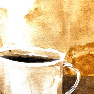 K&ouml;nnte beinhalten: Ein Aquarellbild einer wei&szlig;en Kaffeetasse mit einer braunen Fl&uuml;ssigkeit darin. Dampf steigt aus der Tasse auf. Der Hintergrund ist ein hellbrauner Aquarell-Wasch.