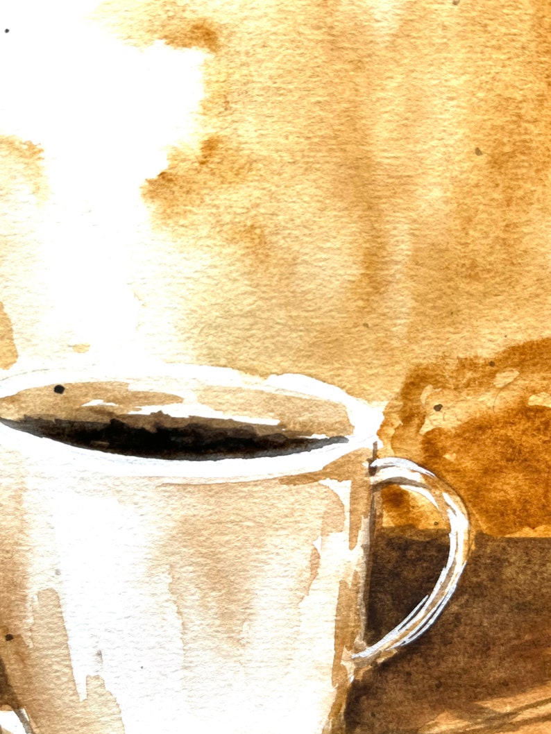 K&ouml;nnte beinhalten: Ein Aquarellbild einer wei&szlig;en Kaffeetasse mit einer braunen Fl&uuml;ssigkeit darin. Dampf steigt aus der Tasse auf. Der Hintergrund ist ein hellbrauner Aquarell-Wasch.