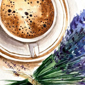 May include: A watercolor painting of a cup of coffee with a brown rim and a saucer, next to a bouquet of lavender flowers with green stems.