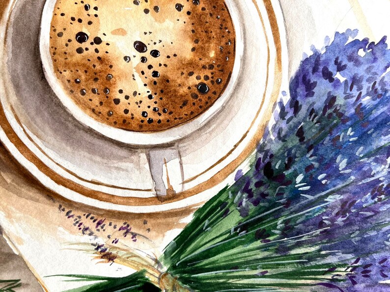 May include: A watercolor painting of a cup of coffee with a brown rim and a saucer, next to a bouquet of lavender flowers with green stems.