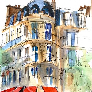 Puede incluir: Pintura a la acuarela de un edificio parisino con una c&uacute;pula azul y toldos rojos. El edificio tiene varios pisos con balcones y ventanas. La obra de arte utiliza un estilo suelto y expresivo con un enfoque en la luz y la sombra.