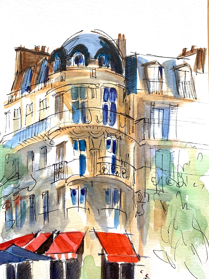 Puede incluir: Pintura a la acuarela de un edificio parisino con una c&uacute;pula azul y toldos rojos. El edificio tiene varios pisos con balcones y ventanas. La obra de arte utiliza un estilo suelto y expresivo con un enfoque en la luz y la sombra.