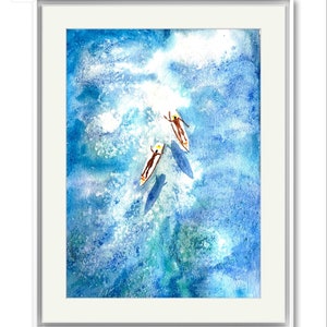 Seascape Watercolor Painting: Vintage Ocean Art, Surfers (20x30 cm)