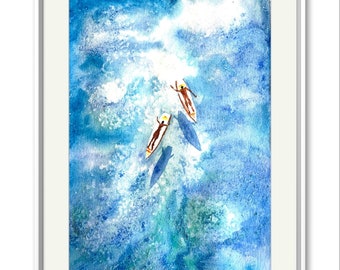 Aquarel zeegezicht: vintage oceaankunst, surfers (20 x 30 cm)
