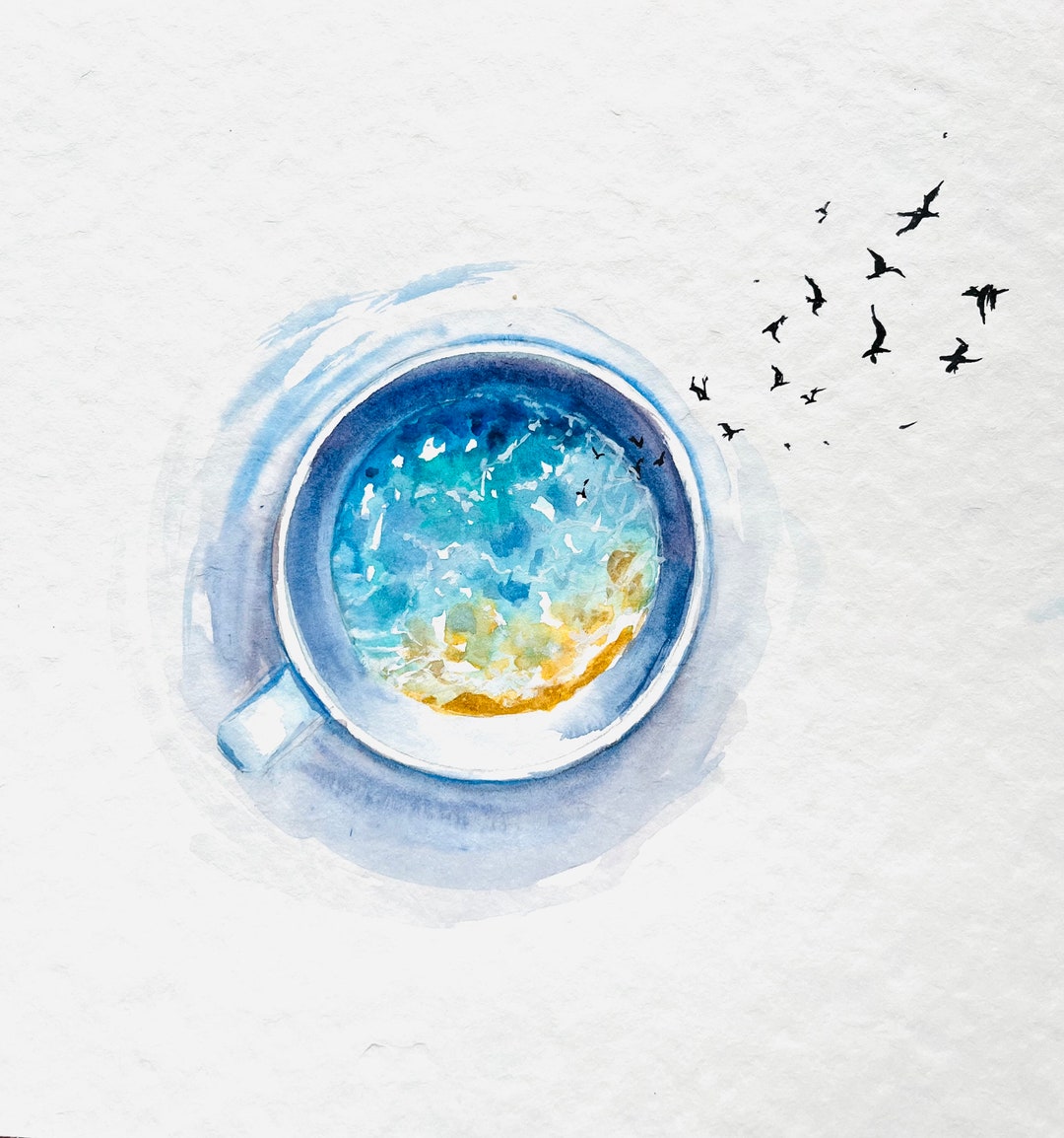 カップの中の海の水彩画：海辺のインテリア、海好きへのギフト - Etsy 日本