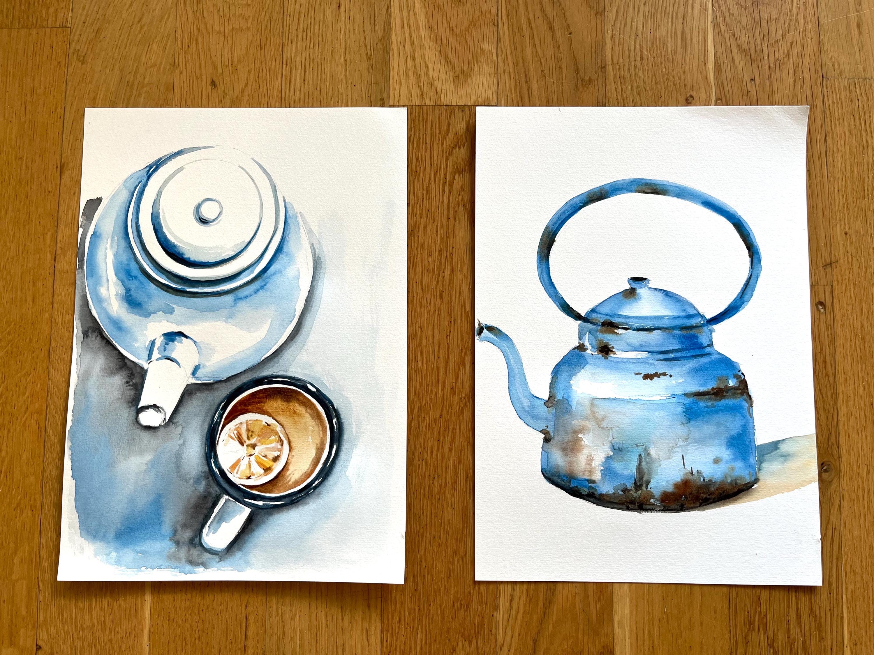 ティーポットとマグカップの水彩画：コーヒー愛好家への贈り物 - Etsy 日本