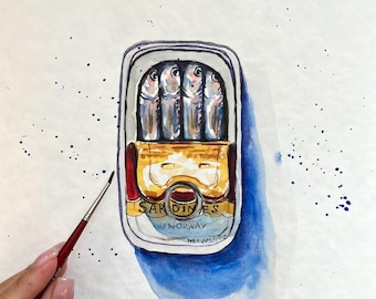Sardine Kunst: Original Aquarell Meerestier Malerei, Französische Küchen Deko