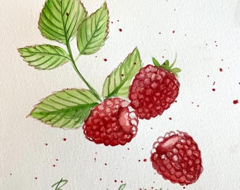 Pintura de acuarela de frambuesa: arte original para la pared de la cocina
