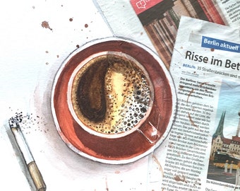 Coffee and Newspapers Watercolor Painting, Original Handmade Art (25x25 cm)