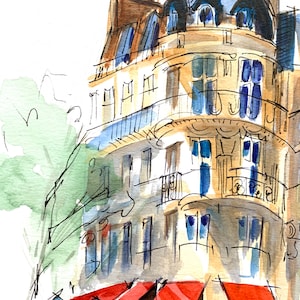 Puede incluir: Pintura a la acuarela de un edificio parisino con una c&uacute;pula azul y balcones. El edificio tiene m&uacute;ltiples ventanas y toldos rojos. El estilo es suelto e impresionista, con pinceladas visibles y un enfoque en la luz y la sombra.