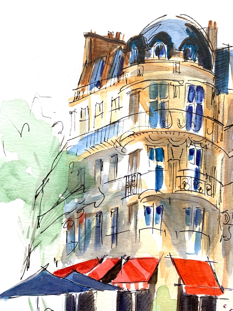 Puede incluir: Pintura a la acuarela de un edificio parisino con una c&uacute;pula azul y balcones. El edificio tiene m&uacute;ltiples ventanas y toldos rojos. El estilo es suelto e impresionista, con pinceladas visibles y un enfoque en la luz y la sombra.
