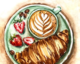 Coffee and French Bakery original painting, Hand painted original Watercolor painting, Croissant french art, Housewarming Gift for women