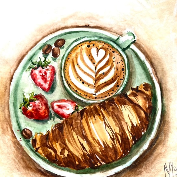 Kaffee und französische Bäckerei original Gemälde, Handgemaltes Original Aquarellbild, Croissant französische Kunst, Housewarming Geschenk für Frauen