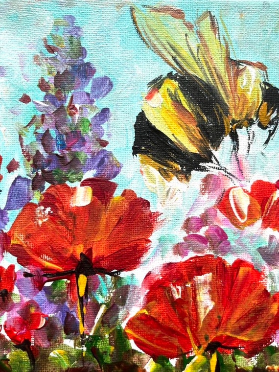 蜂と花の絵画：オリジナルアクリル印象派アート（20 x 25 cm） - Etsy 日本