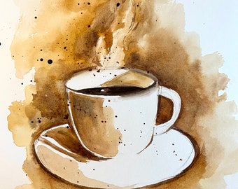 コーヒーマグの絵画 - オリジナルの水彩画からのプリント