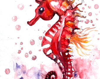 Caballito de mar rojo pintura original arte de la pared