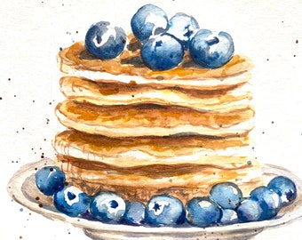 Pancakes Watercolor Painting: Blueberry Kitchen Wall Art (25x25 cm)