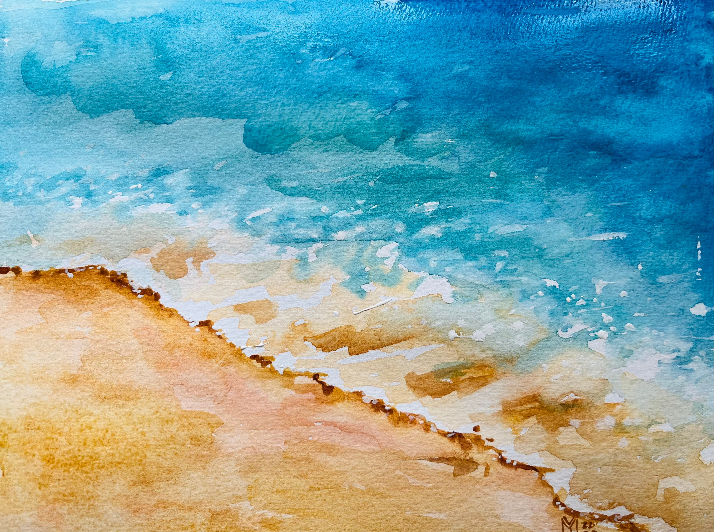 ギリシャの海景水彩画（オリジナル）：抽象的な海洋アート（7.9x11.8