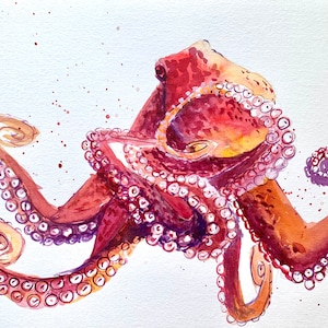 Original Red Octopus Watercolor Painting: Ocean Life Art
