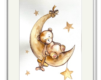 Teddy Bear Watercolor Painting: Moon & Stars Nursery Art