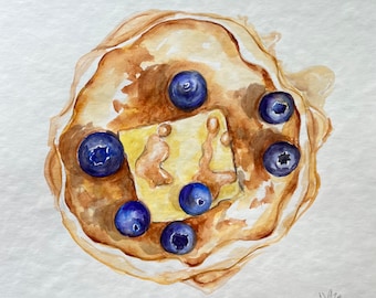 Blueberry Pancakes Original Art Watercolour Painting Kitchen Wall Decor