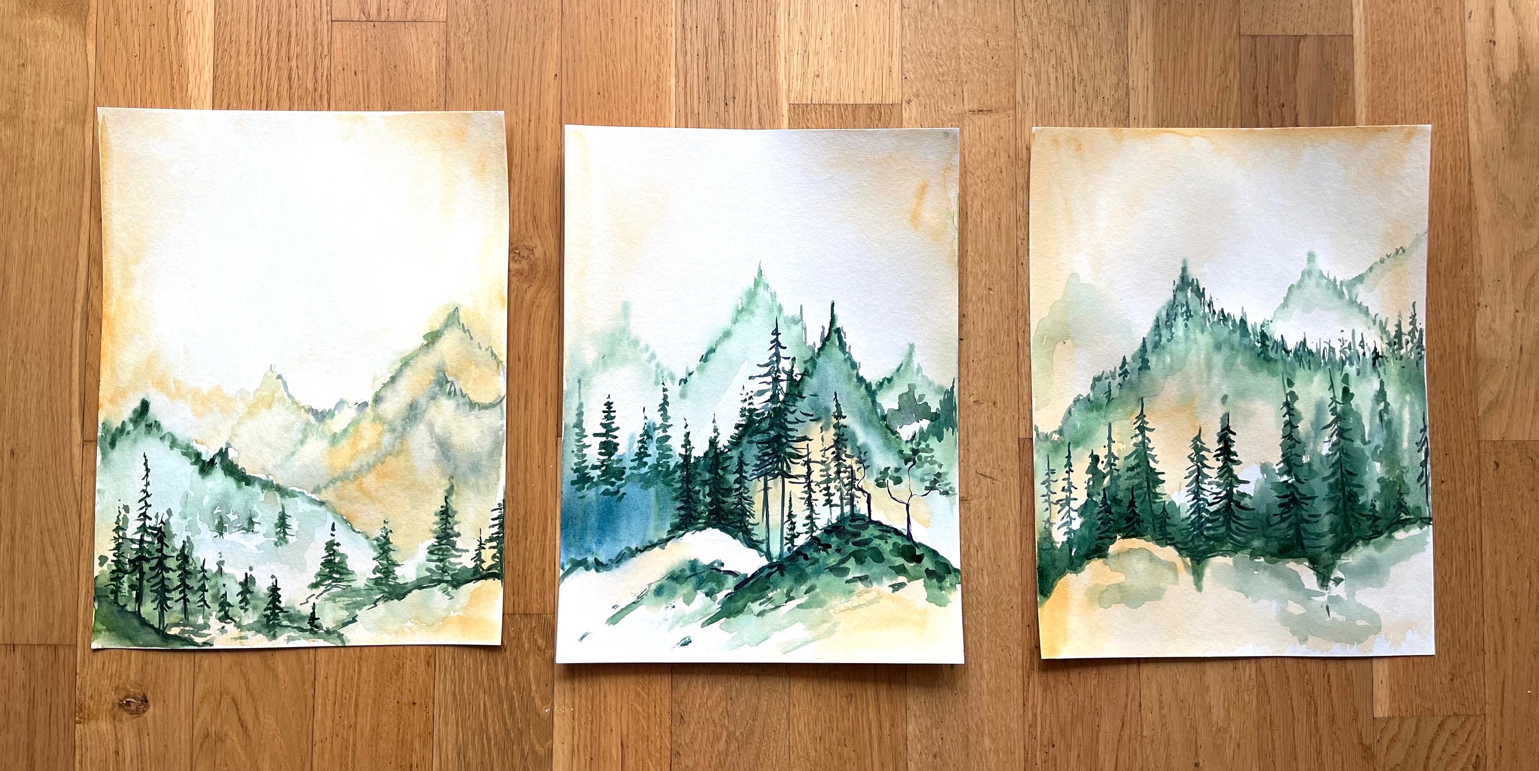 山の水彩画：抽象風景画（9.4x12.6インチ） - Etsy 日本