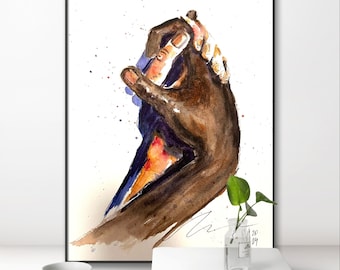 May include: Watercolor painting of two hands clasped together, painted in shades of brown, orange, blue, and purple. The hands are depicted against a white background with small splashes of color.