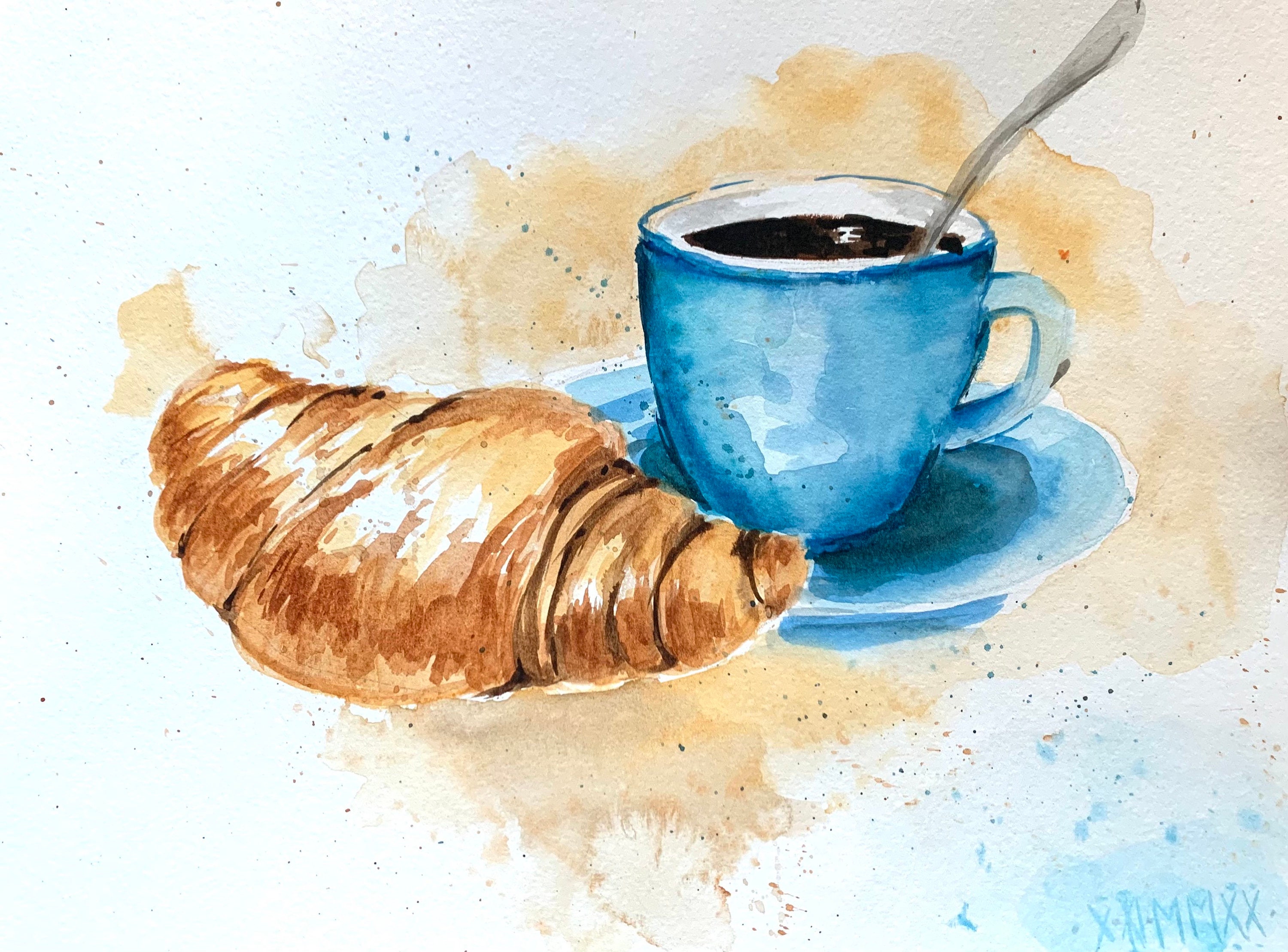 コーヒーカップの水彩画：クロワッサン静物画（20 x 30 cm） - Etsy 日本