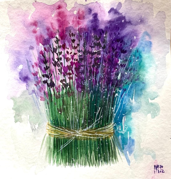 ラベンダーの絵画 オリジナル水彩画 フランスの花の絵画 ラベンダーの