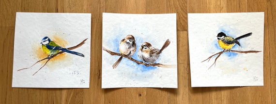 スズメのカップルの水彩画：オリジナルの鳥のアート（10 x 10インチ