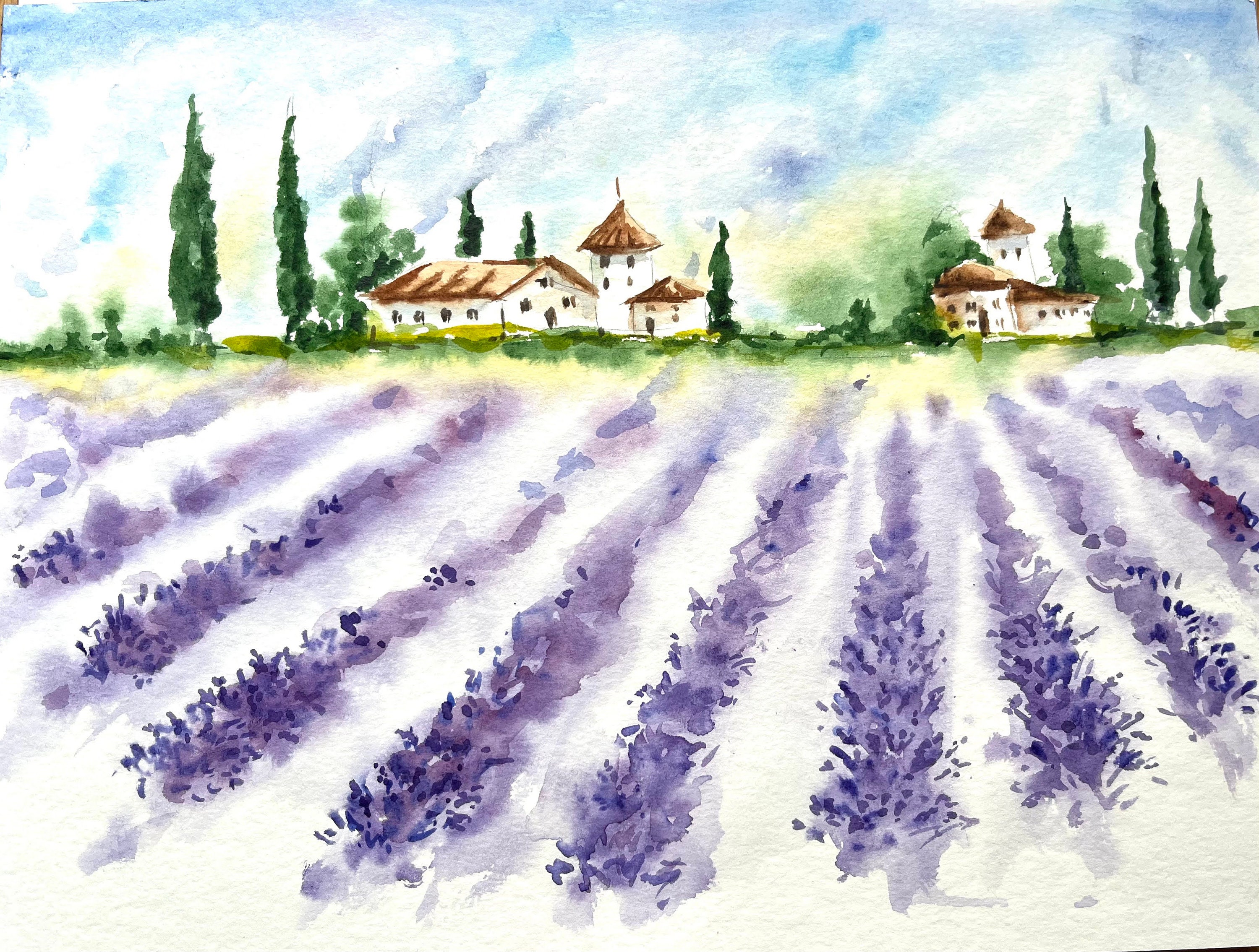 プロヴァンスのラベンダー畑　水彩画　ホワイト額入り オリジナル水彩画ラベンダー畑：フランス・プロヴァンスの風景画