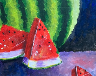 May include: An acrylic painting on canvas depicting three triangular slices of watermelon with vibrant red flesh, black seeds, and white rinds. The background features vertical strokes of bright green and a dark blue shape, set against a purple foreground.