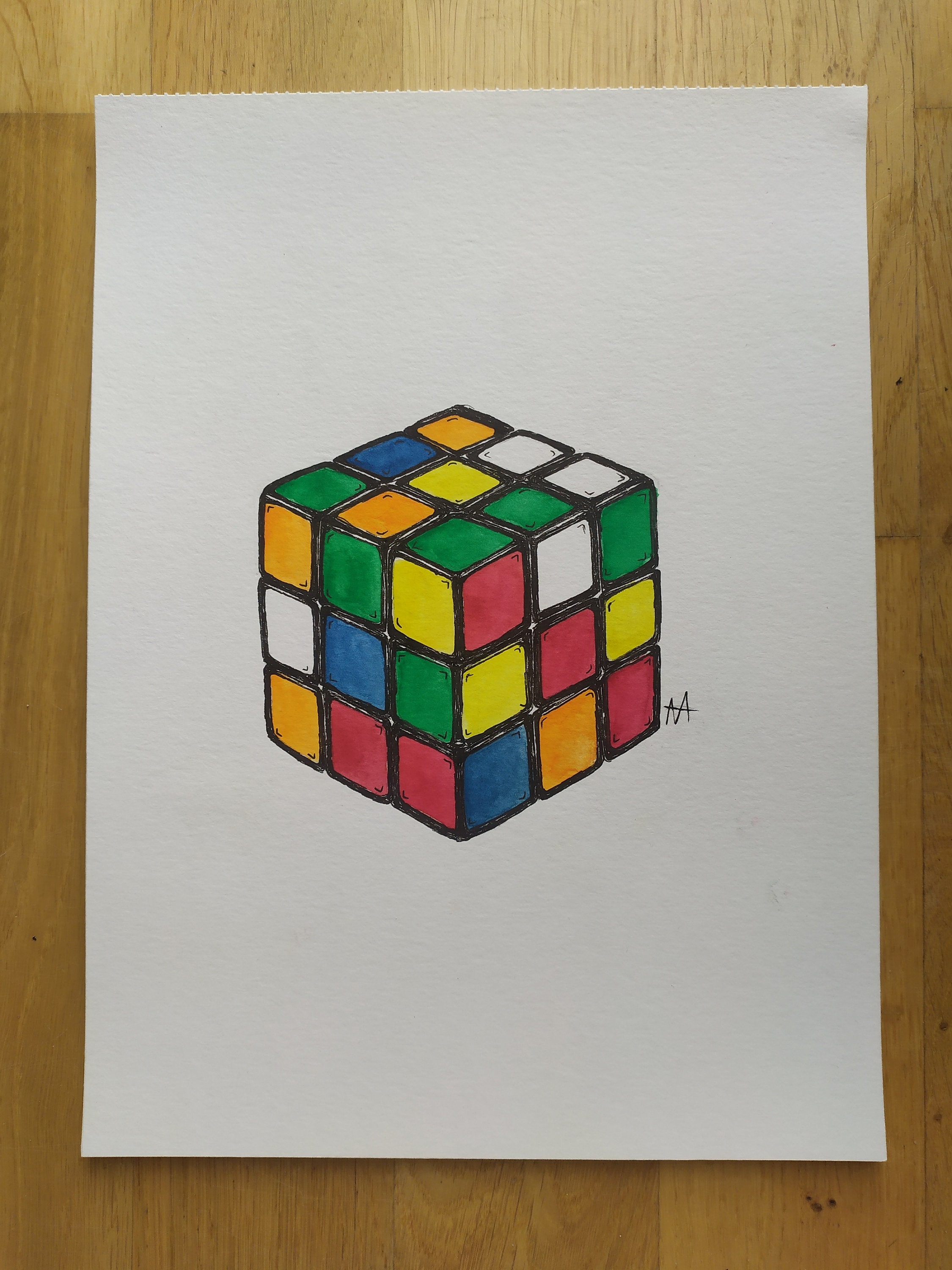 ルービックキューブ オリジナルアート 水彩画 レトロ 壁飾り