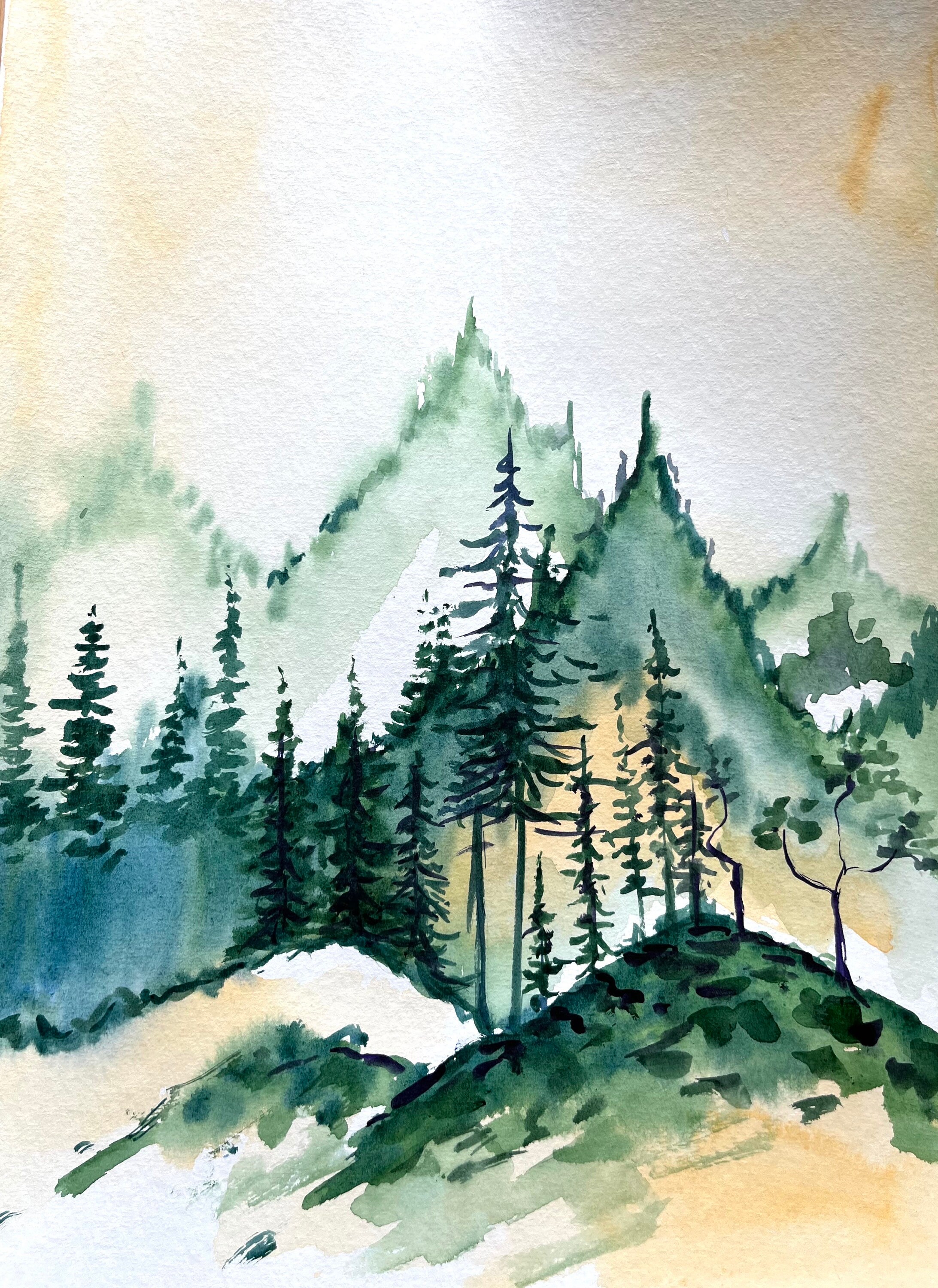 山の水彩画：抽象風景画（9.4x12.6インチ） - Etsy 日本