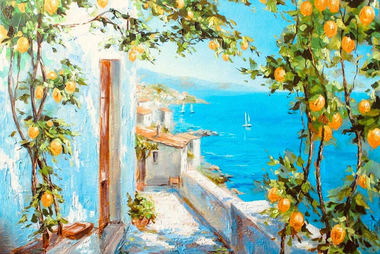 「海辺の蜜柑」　手描き　油絵　風景画　原画　油彩画 22×27㎝「朝の海7」F3・油彩・原画 | かいがのみせあかちゃん
