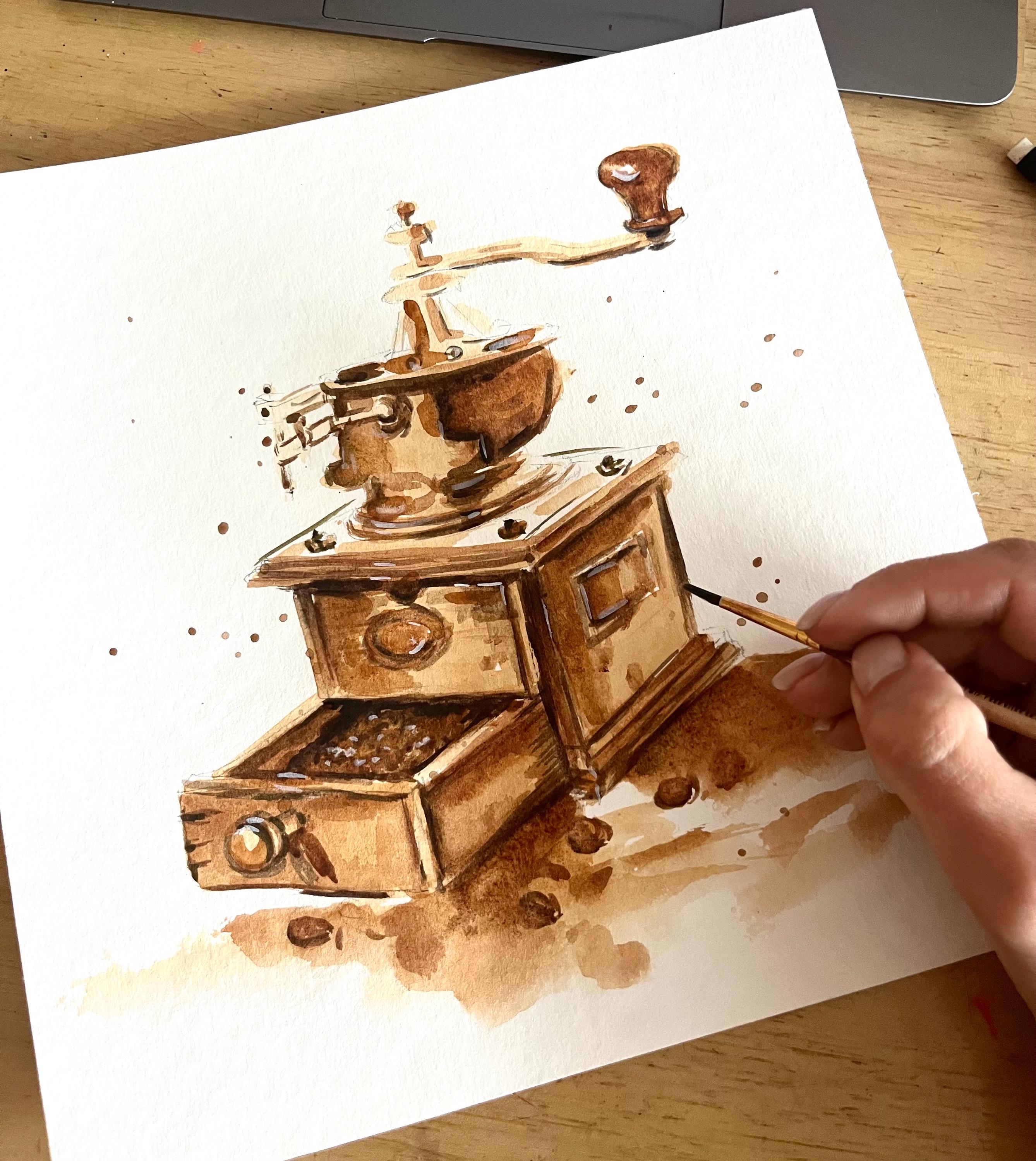 水彩コーヒーミルの絵画：レトロなキッチンの壁アート - Etsy 日本