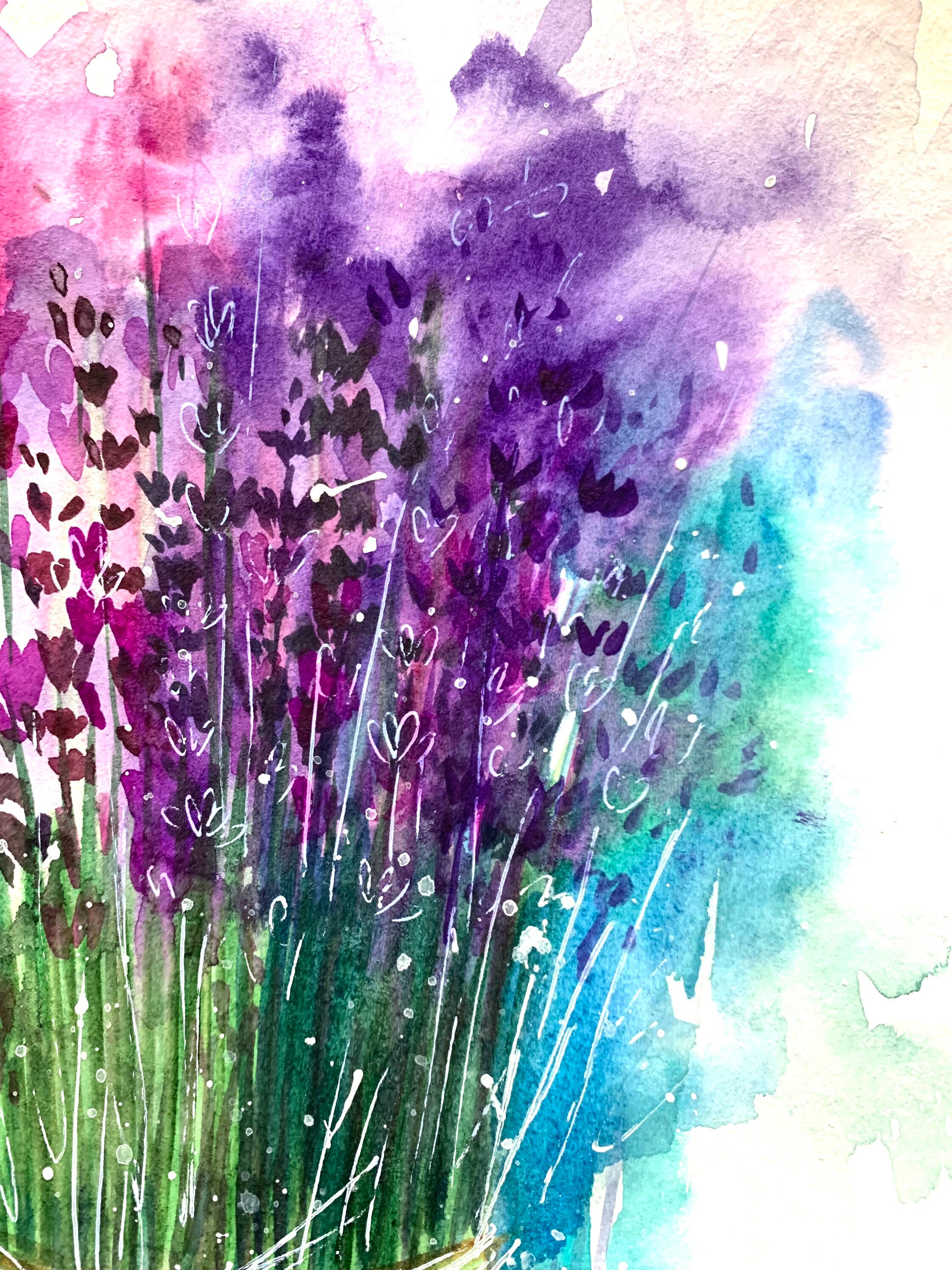 新作・油絵　窓辺のラベンダー　F3 ラベンダーの絵画 オリジナル水彩画 フランスの花の絵画 ラベンダーの