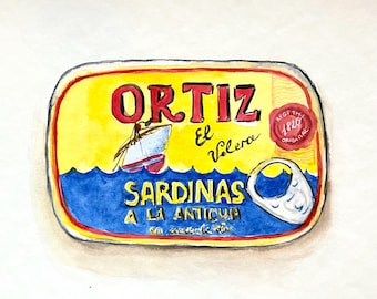 Vintage Sardine Tin Watercolor Painting: French Country Kitchen Art