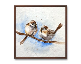 スズメのカップルの水彩画：オリジナルの鳥のアート（10 x 10インチ